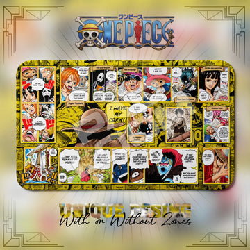 Straw Hat Crew Timeskip One Piece playmat, gold and multicolor manga collage with built-in zones, 24 x 14 in TCG mat