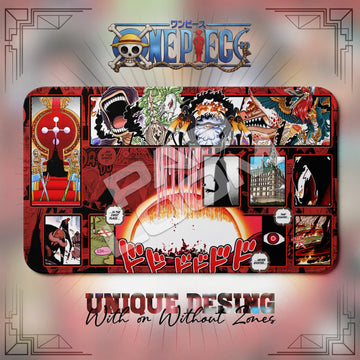 Gorosei Empty Throne One Piece playmat, red and multicolor manga collage with built-in zones, 24 x 14 in TCG mat