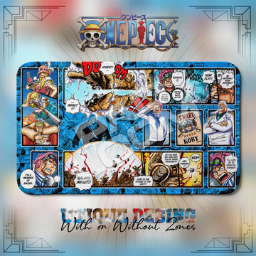 Koby Honesty Impact One Piece playmat, blue and multicolor manga collage with built-in zones, 24 x 14 in TCG mat
