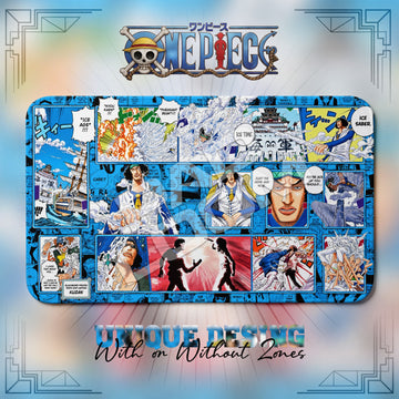 Kuzan Ice Saber One Piece playmat, blue and multicolor manga collage with built-in zones, 24 x 14 in TCG mat