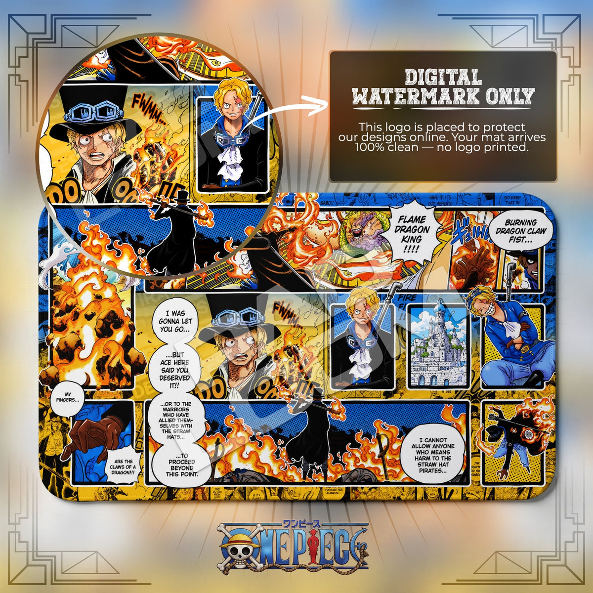 Sabo Flame Dragon One Piece playmat close-up; the Padloom watermark is digital only, not printed