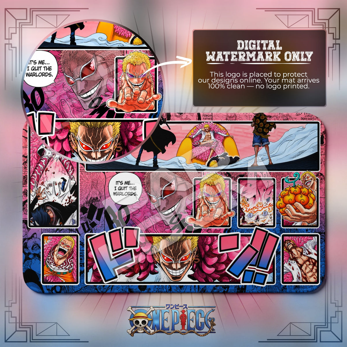 Doflamingo Joker One Piece playmat close-up; the Padloom watermark is digital only, not printed