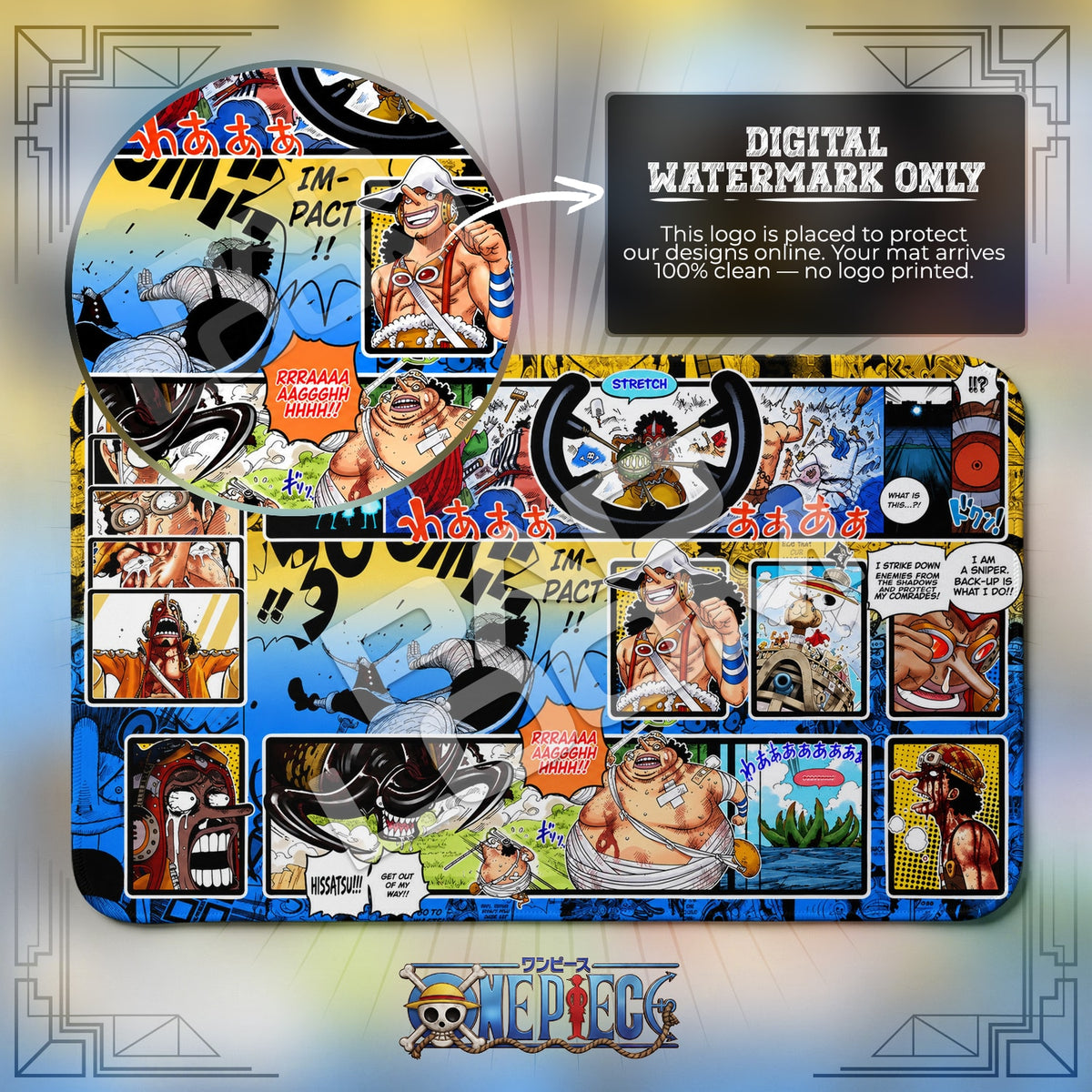 Usopp Haki One Piece playmat close-up; the Padloom watermark is digital only, not printed
