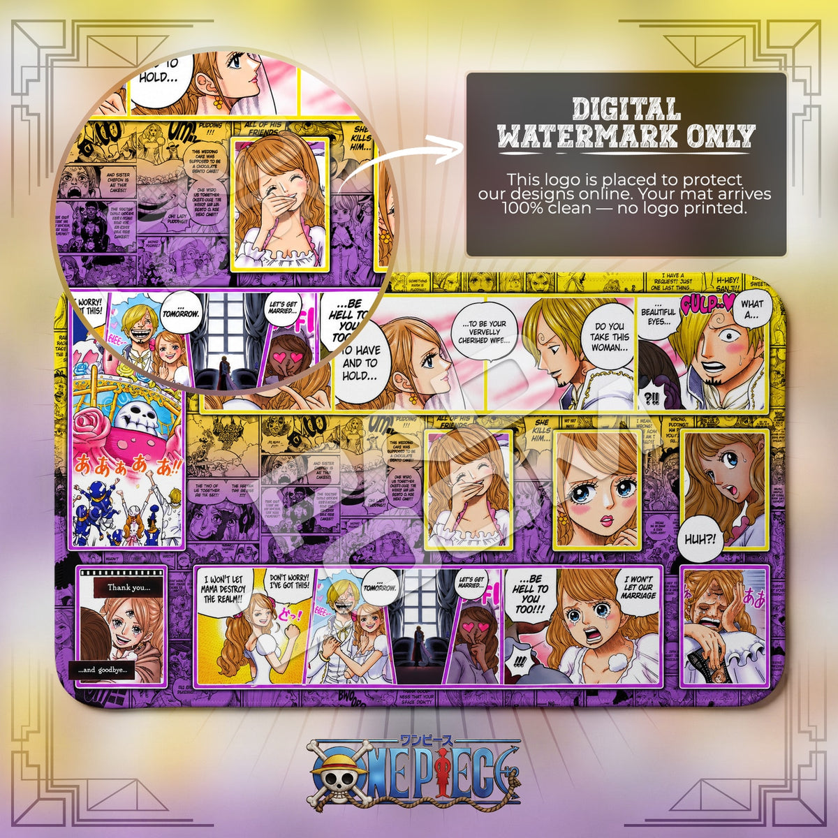Pudding Whole Cake One Piece playmat close-up; the Padloom watermark is digital only, not printed