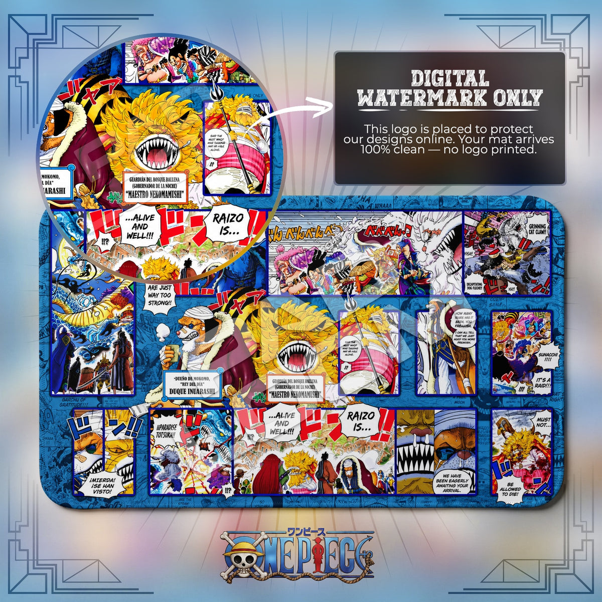 Inuarashi Nekomamushi Zou One Piece playmat close-up; the Padloom watermark is digital only, not printed