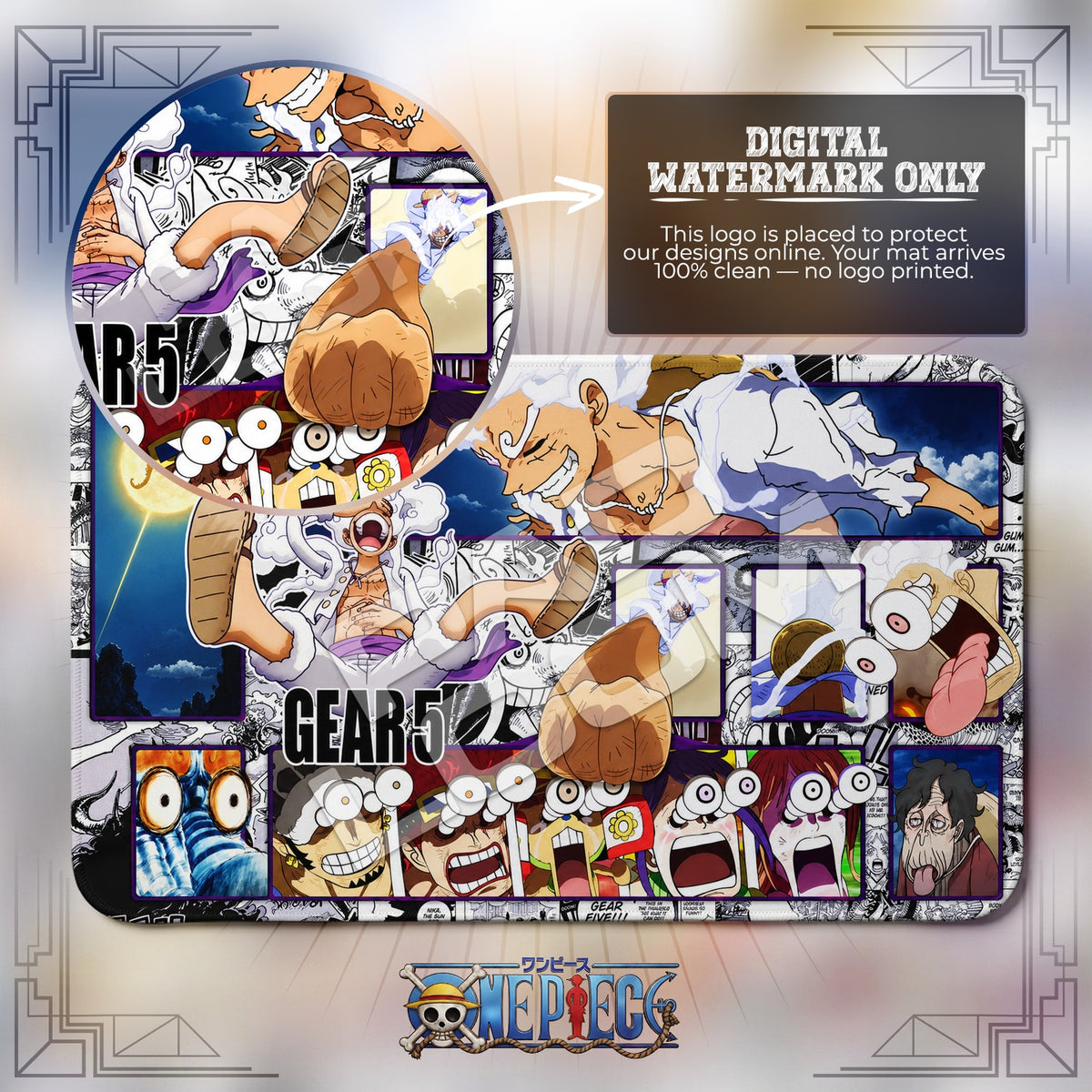 Luffy Nika Sun God One Piece playmat close-up; the Padloom watermark is digital only, not printed