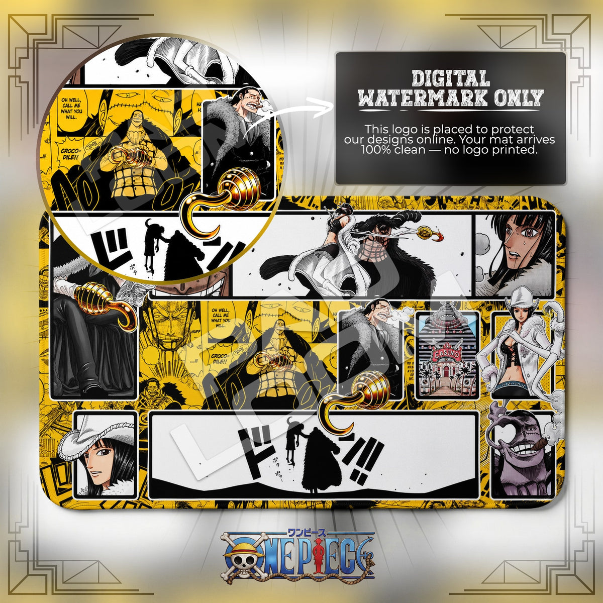 Crocodile Baroque Works One Piece playmat close-up; the Padloom watermark is digital only, not printed
