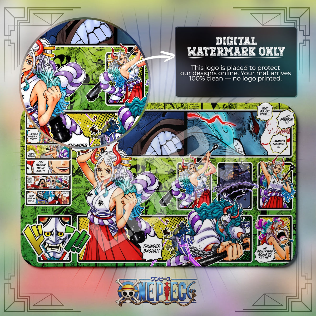 Yamato Thunder Bagua One Piece playmat close-up; the Padloom watermark is digital only, not printed