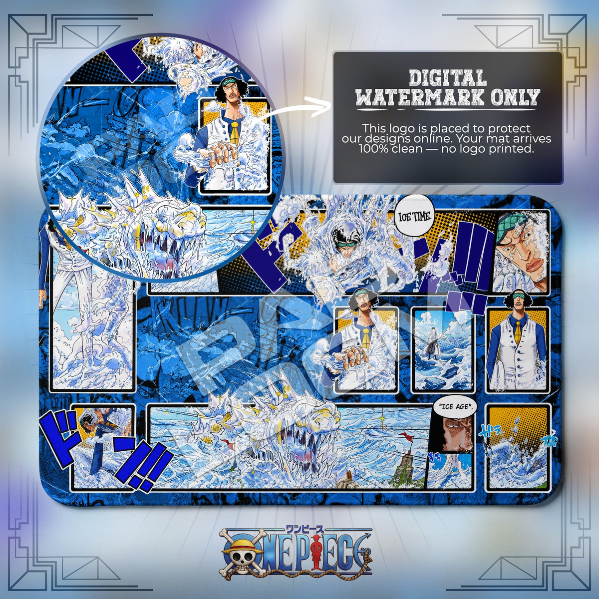 Kuzan Aokiji Ice Age One Piece playmat close-up; the Padloom watermark is digital only, not printed