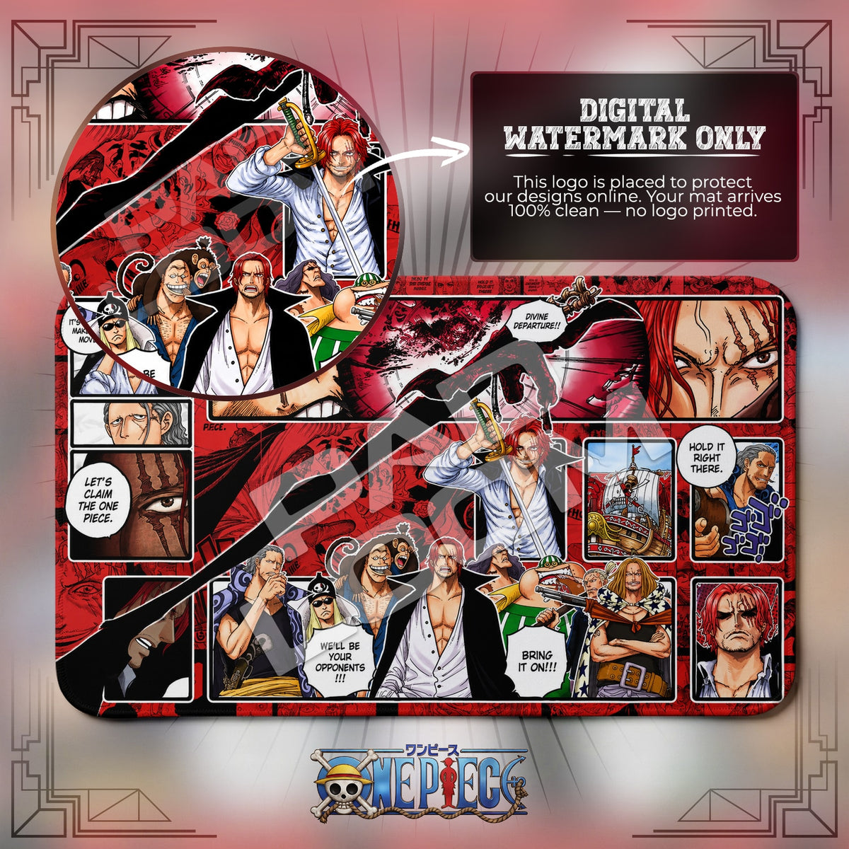 Shanks Red Force One Piece playmat close-up; the Padloom watermark is digital only, not printed