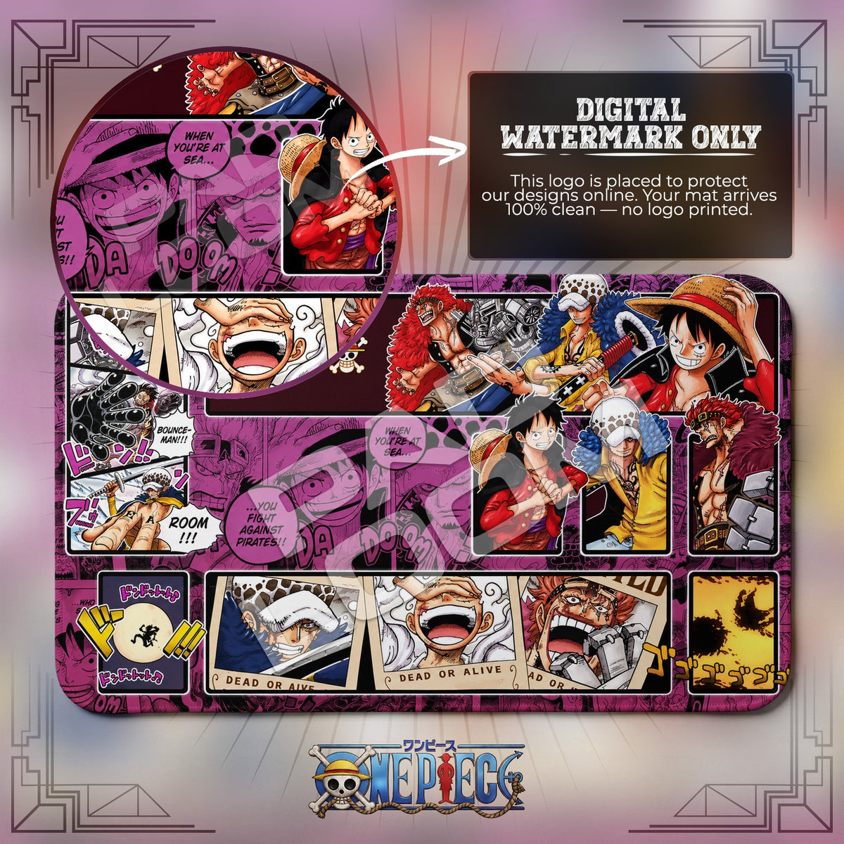 Worst Generation Wanted One Piece playmat close-up; the Padloom watermark is digital only, not printed