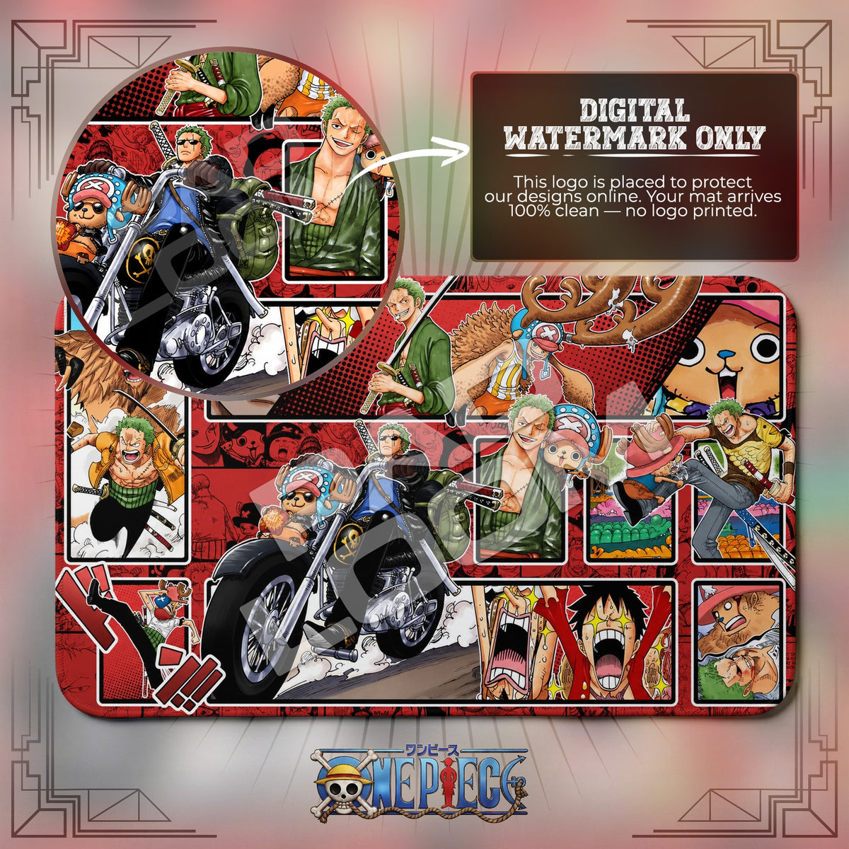 Zoro and Chopper Biker One Piece playmat close-up; the Padloom watermark is digital only, not printed