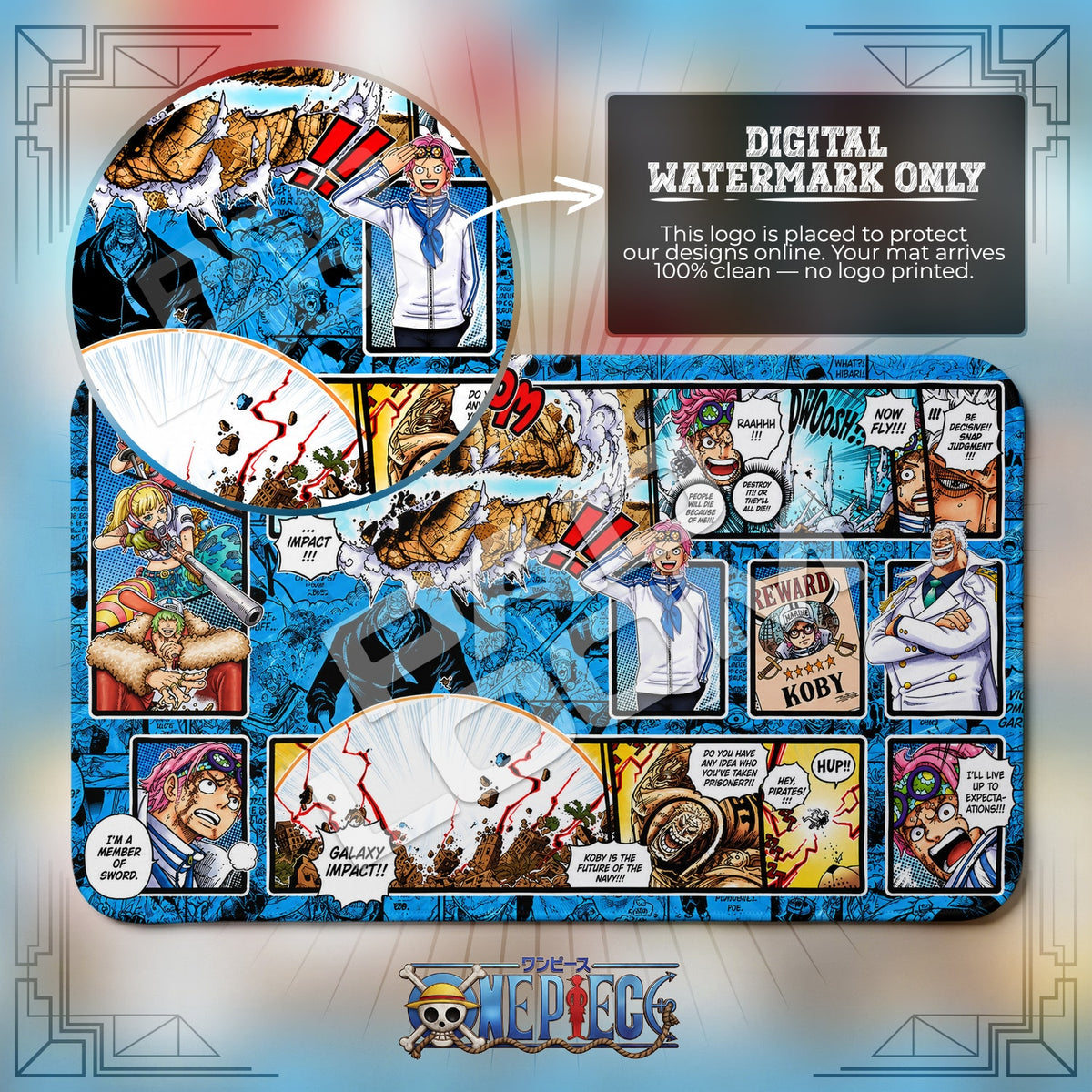 Koby Honesty Impact One Piece playmat close-up; the Padloom watermark is digital only, not printed