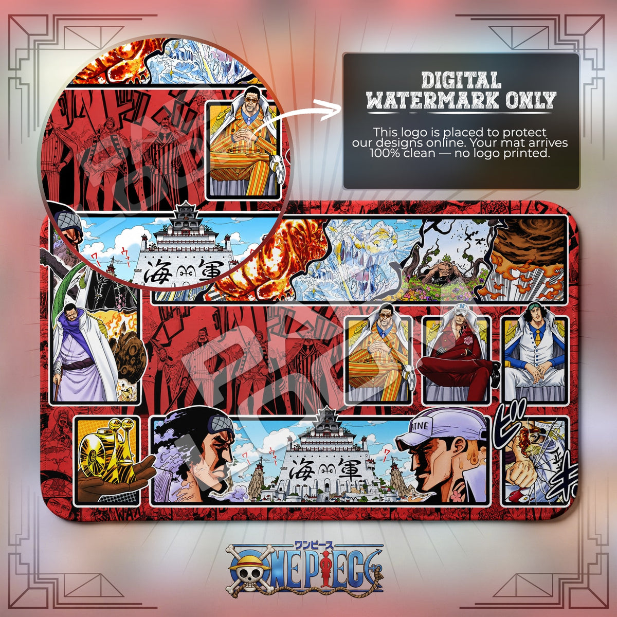 Marine Admirals Buster Call One Piece playmat close-up; the Padloom watermark is digital only, not printed