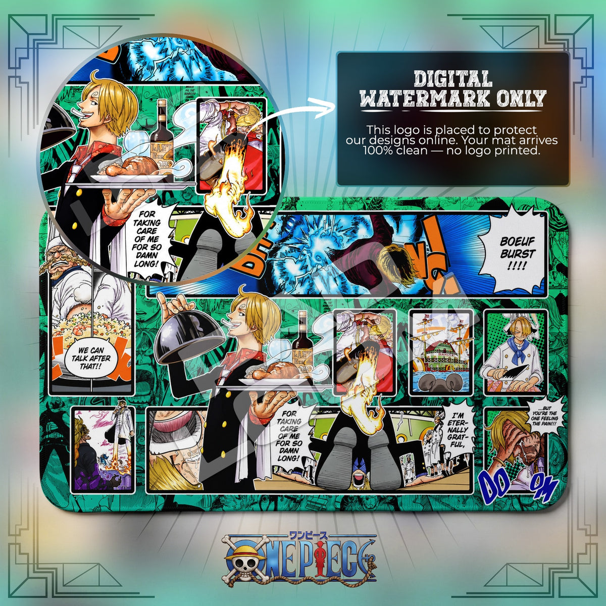 Sanji Baratie One Piece playmat close-up; the Padloom watermark is digital only, not printed