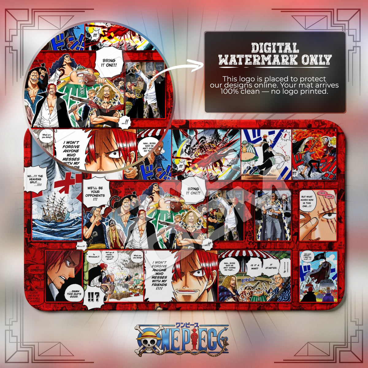 Red Hair Pirates Marineford One Piece playmat close-up; the Padloom watermark is digital only, not printed