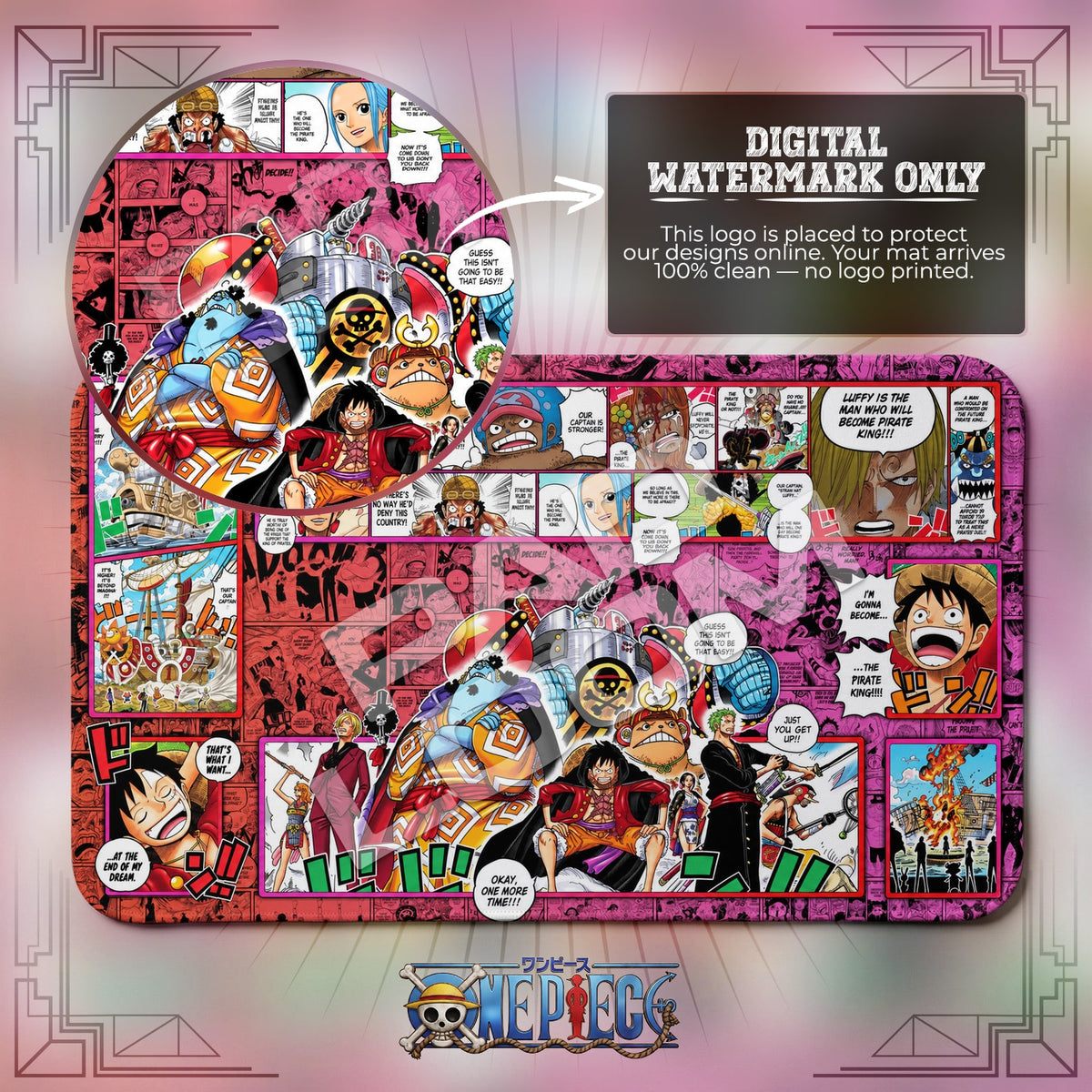 Straw Hat Crew Pirate King One Piece playmat close-up; the Padloom watermark is digital only, not printed