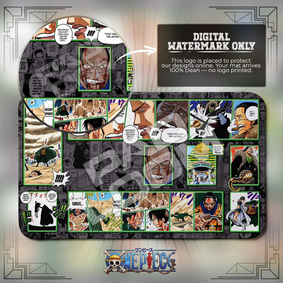 Crocodile Alabasta One Piece playmat close-up; the Padloom watermark is digital only, not printed