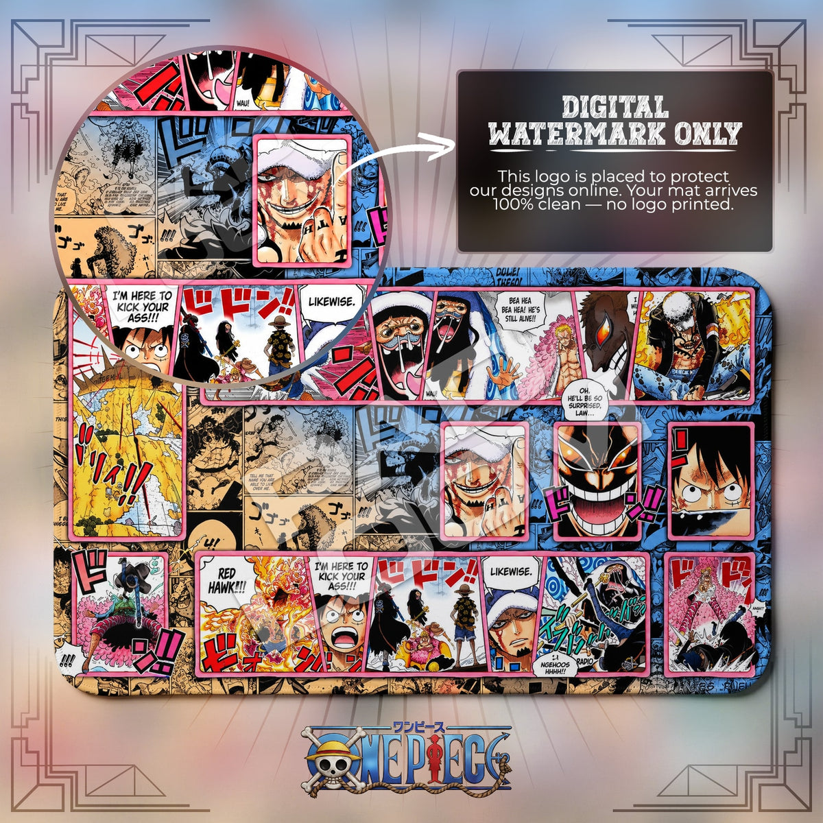 Trafalgar Law Alliance One Piece playmat close-up; the Padloom watermark is digital only, not printed
