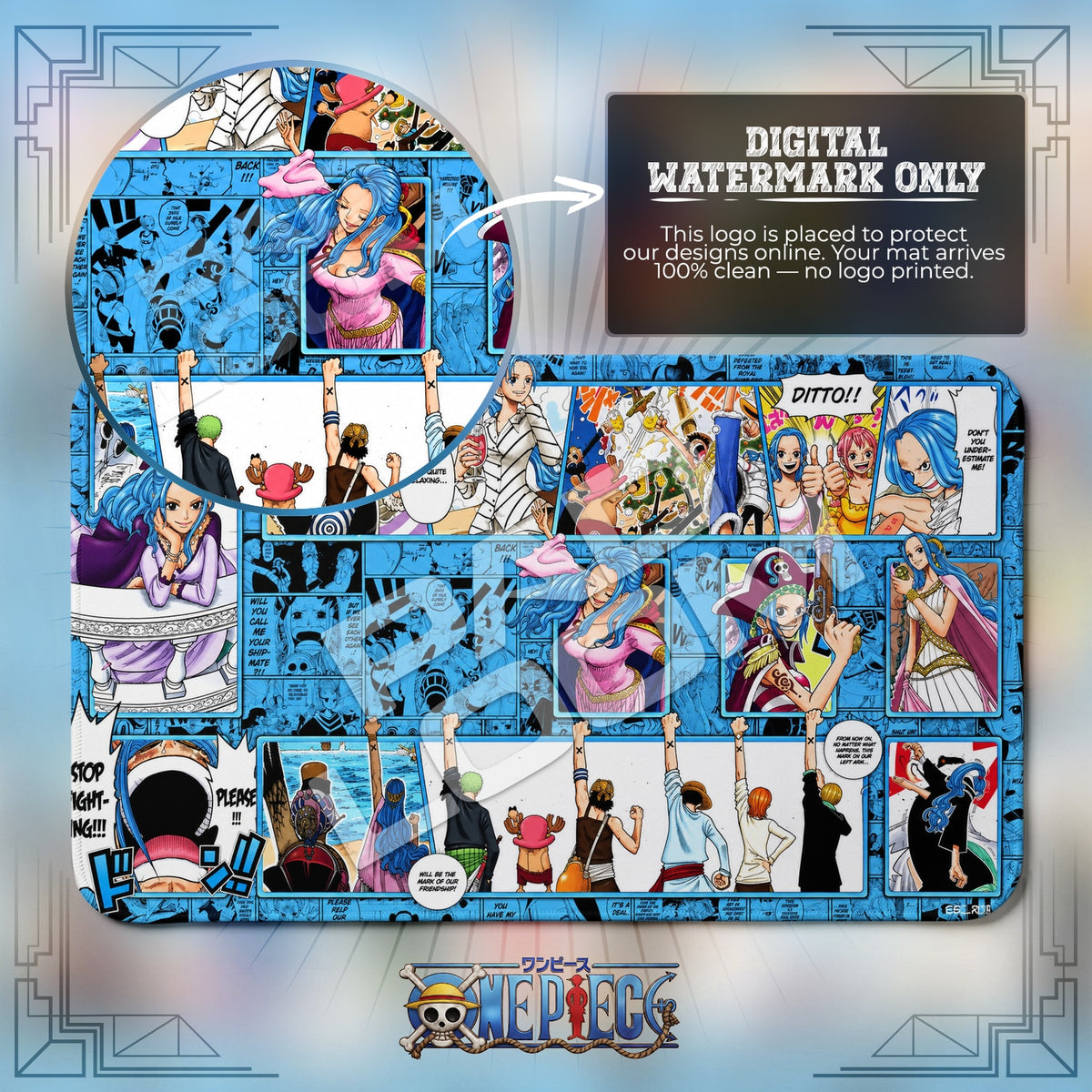 Vivi Friendship Mark One Piece playmat close-up; the Padloom watermark is digital only, not printed