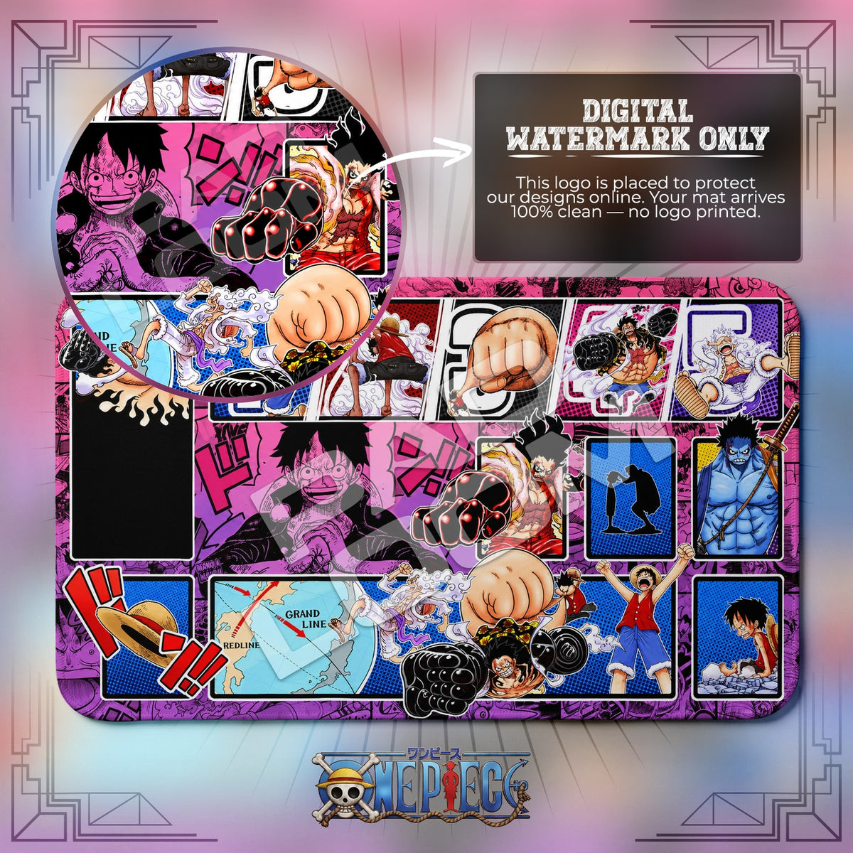 Luffy Five Gears One Piece playmat close-up; the Padloom watermark is digital only, not printed