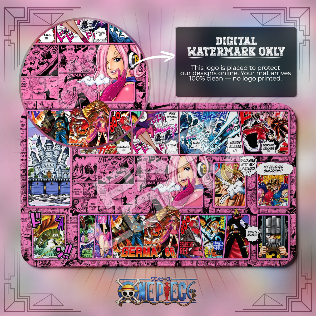 Reiju Germa 66 One Piece playmat close-up; the Padloom watermark is digital only, not printed