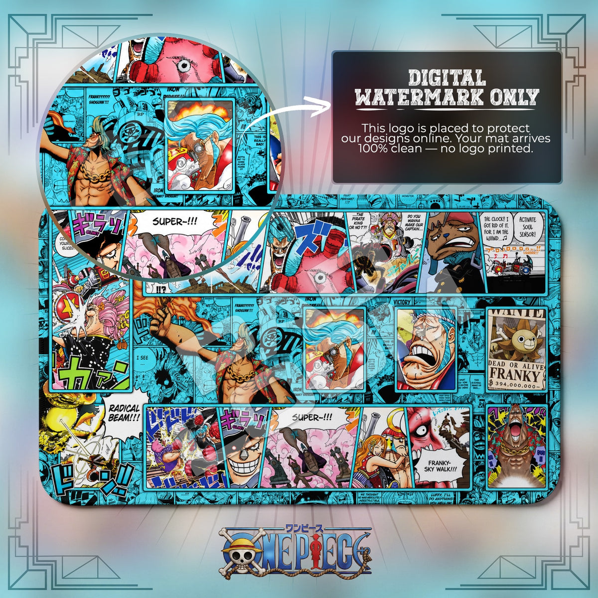 Franky Radical Beam One Piece playmat close-up; the Padloom watermark is digital only, not printed