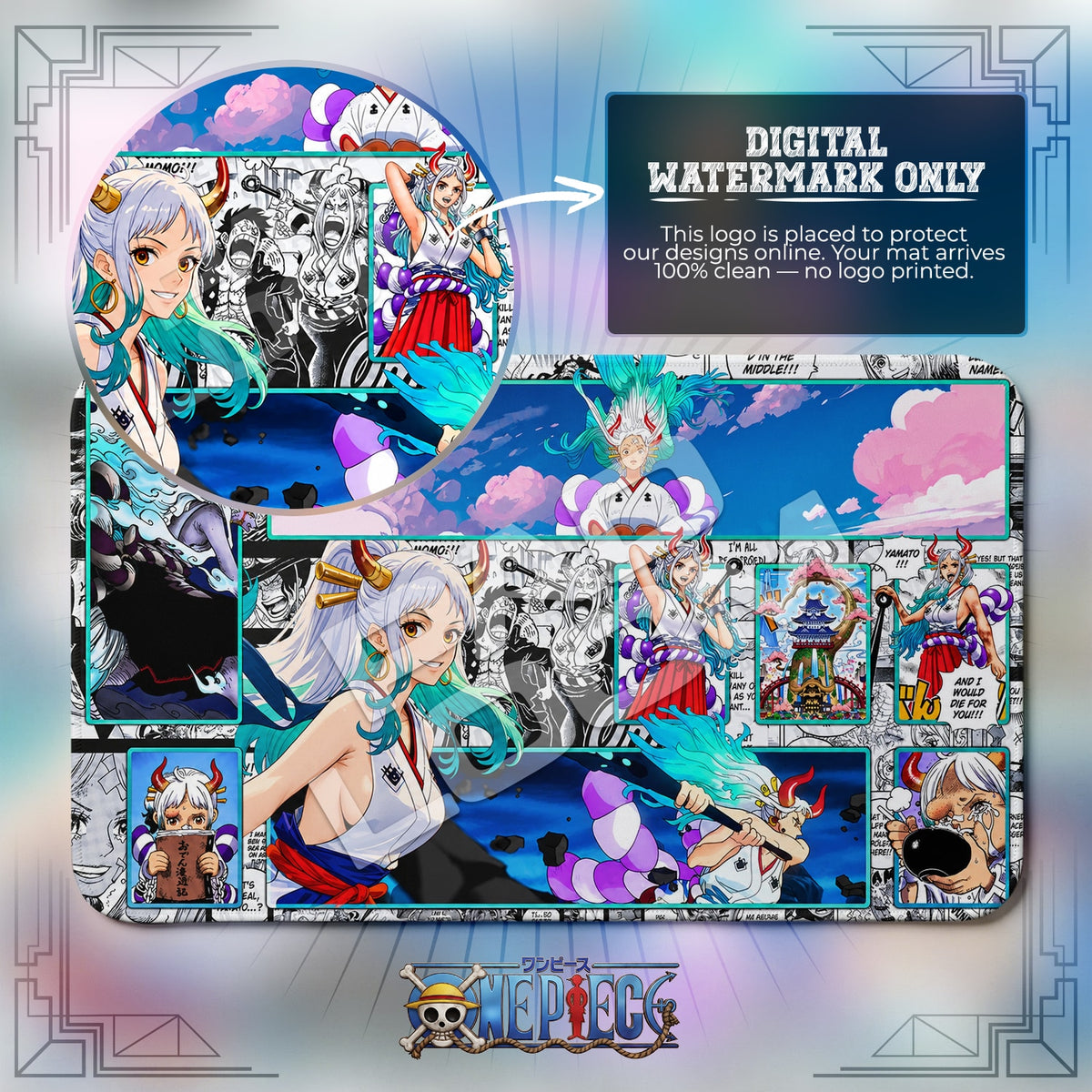 Yamato Oden Journal One Piece playmat close-up; the Padloom watermark is digital only, not printed