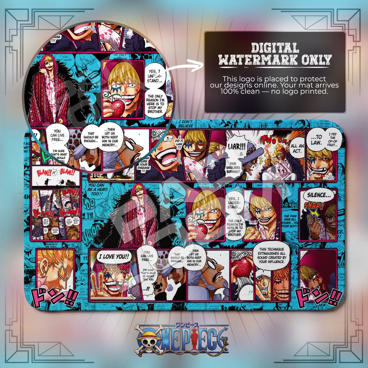Corazon Rosinante One Piece playmat close-up; the Padloom watermark is digital only, not printed