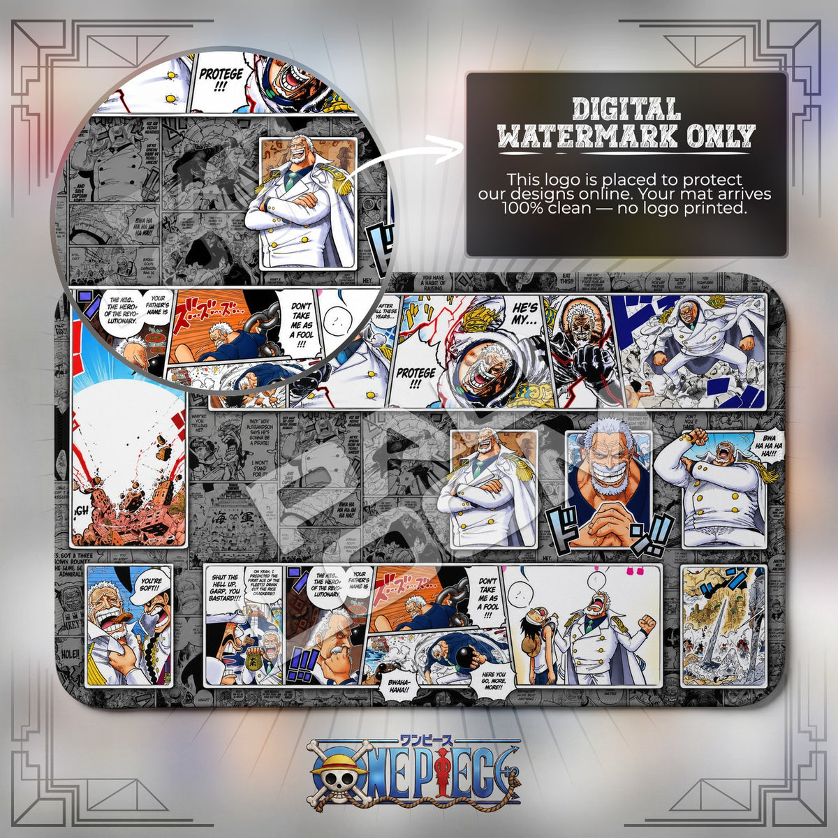 Garp Galaxy Impact One Piece playmat close-up; the Padloom watermark is digital only, not printed