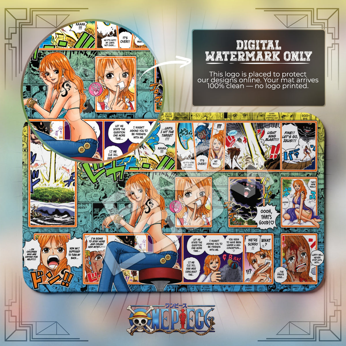Nami Zeus One Piece playmat close-up; the Padloom watermark is digital only, not printed