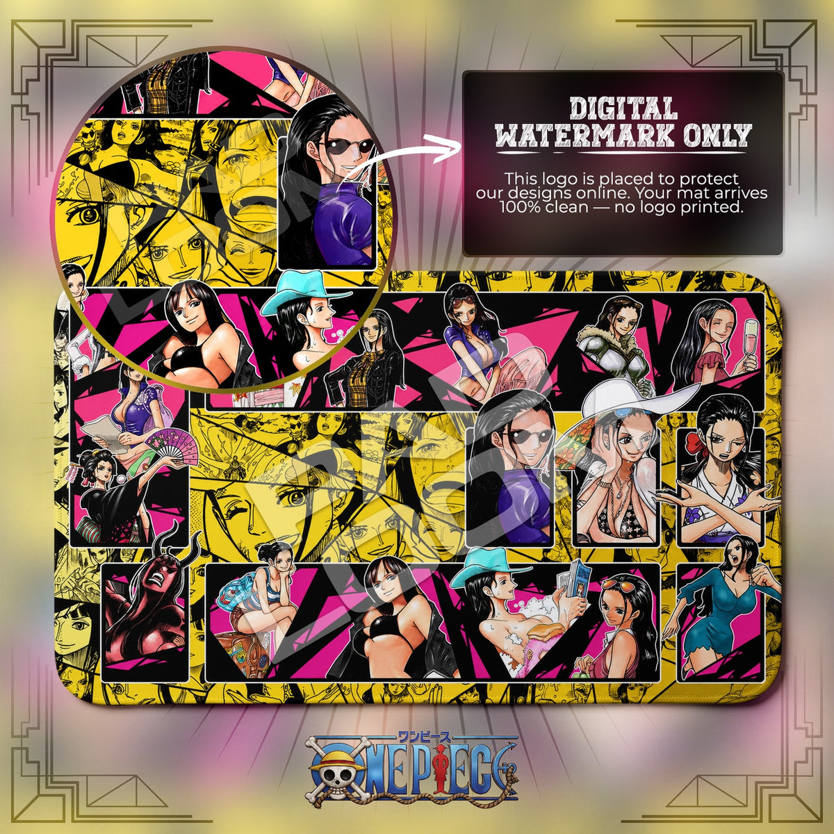 Nico Robin Fashion One Piece playmat close-up; the Padloom watermark is digital only, not printed