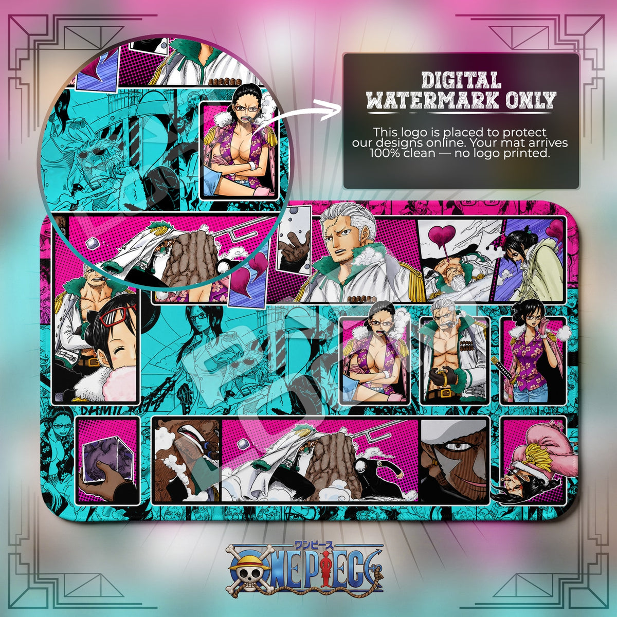 Tashigi Punk Hazard One Piece playmat close-up; the Padloom watermark is digital only, not printed