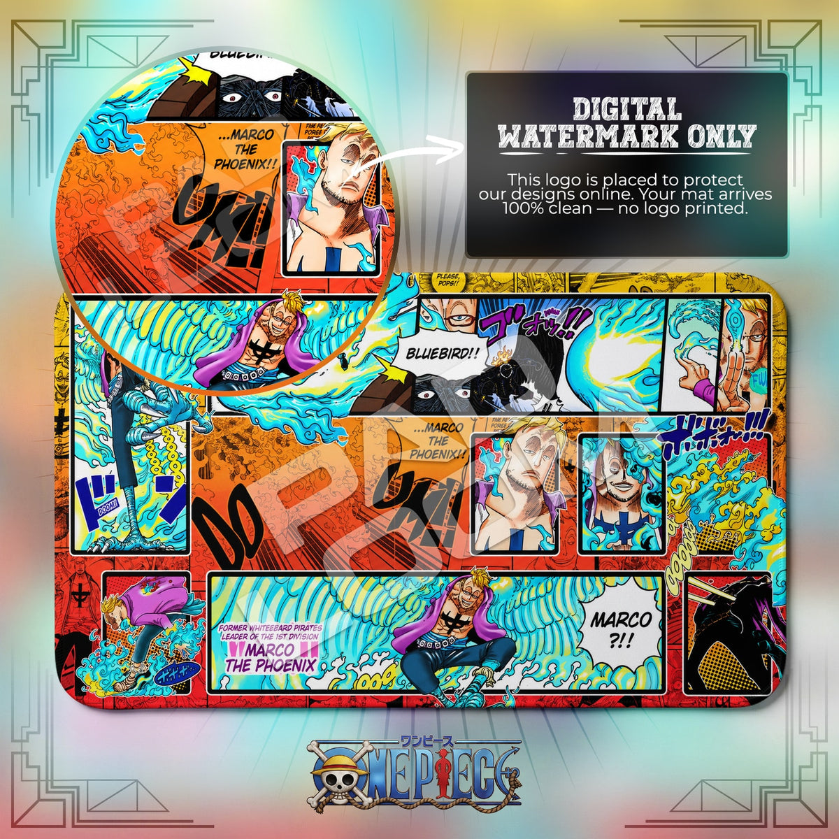 Marco Phoenix One Piece playmat close-up; the Padloom watermark is digital only, not printed