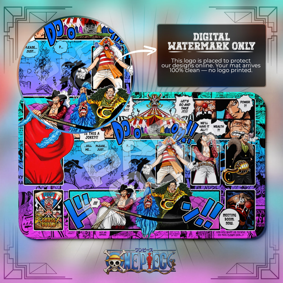 Buggy Cross Guild One Piece playmat close-up; the Padloom watermark is digital only, not printed