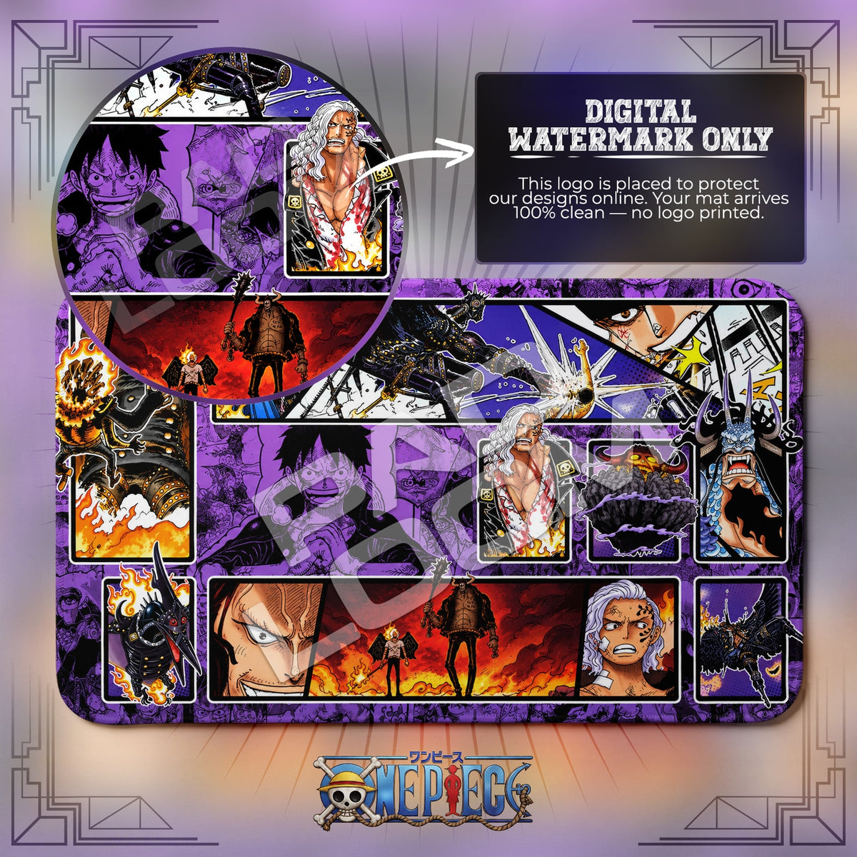 King Lunarian One Piece playmat close-up; the Padloom watermark is digital only, not printed