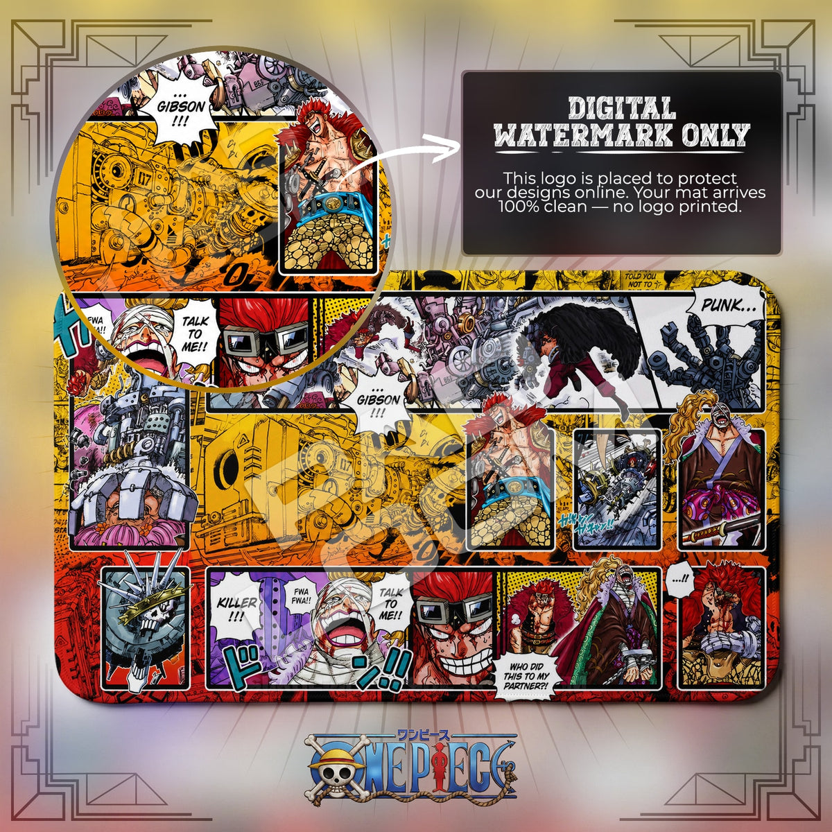 Eustass Kid Punk Gibson One Piece playmat close-up; the Padloom watermark is digital only, not printed