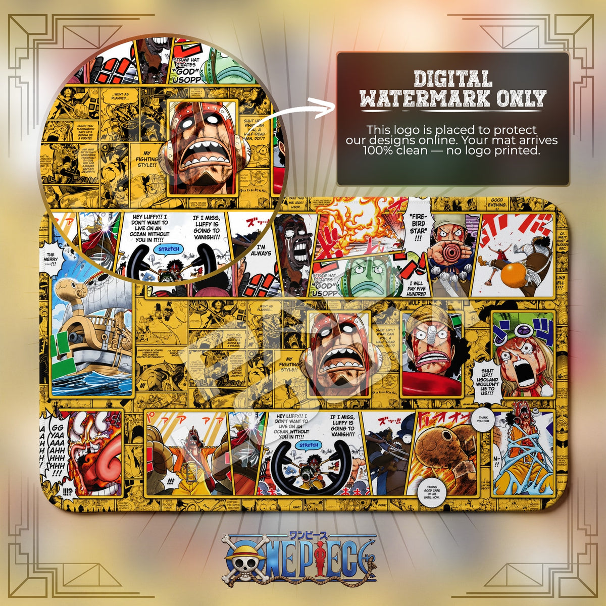 Usopp Going Merry One Piece playmat close-up; the Padloom watermark is digital only, not printed