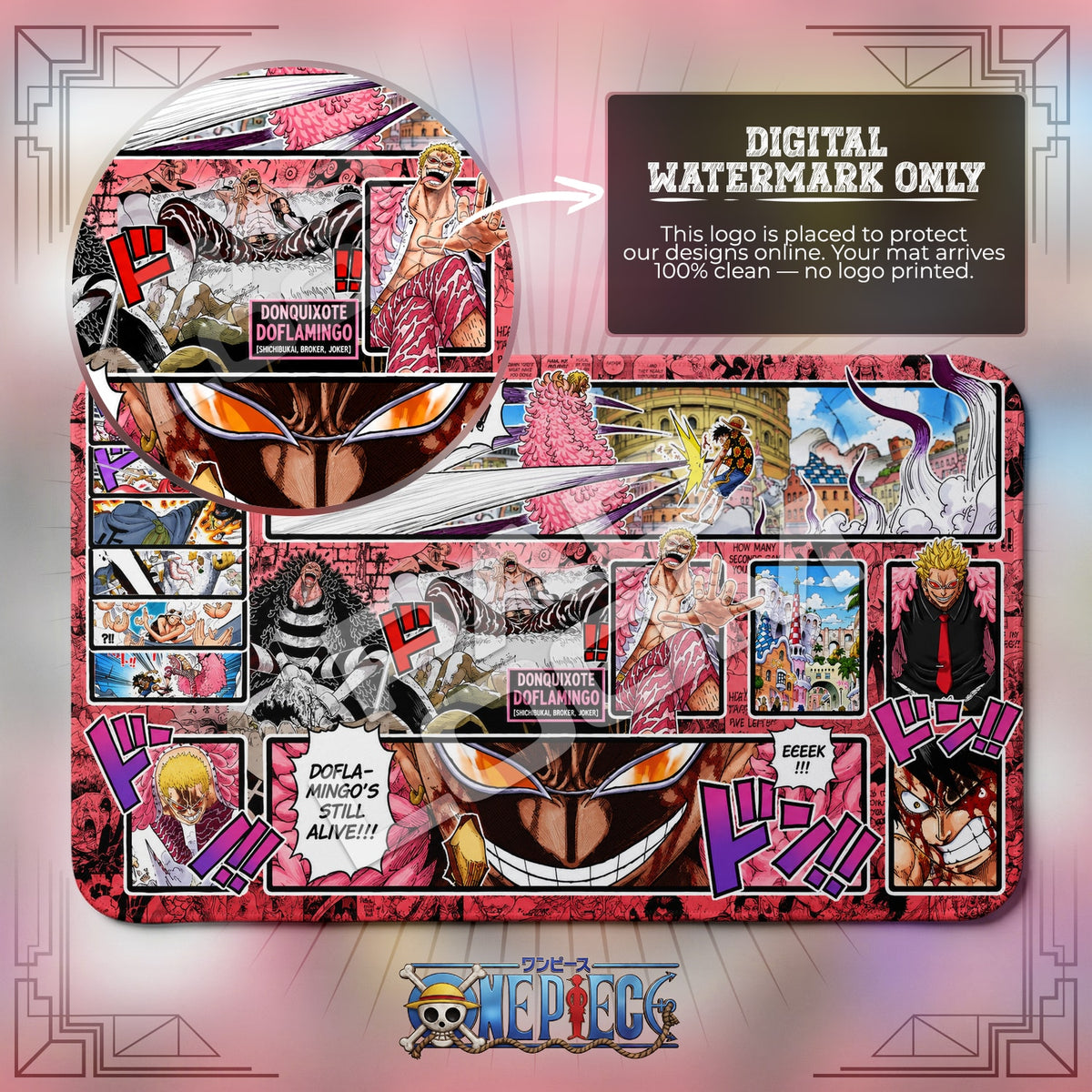 Doflamingo Dressrosa One Piece playmat close-up; the Padloom watermark is digital only, not printed