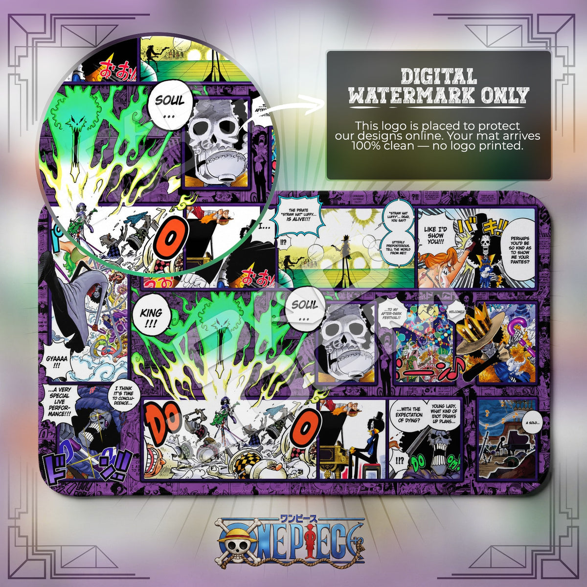 Brook Soul King One Piece playmat close-up; the Padloom watermark is digital only, not printed