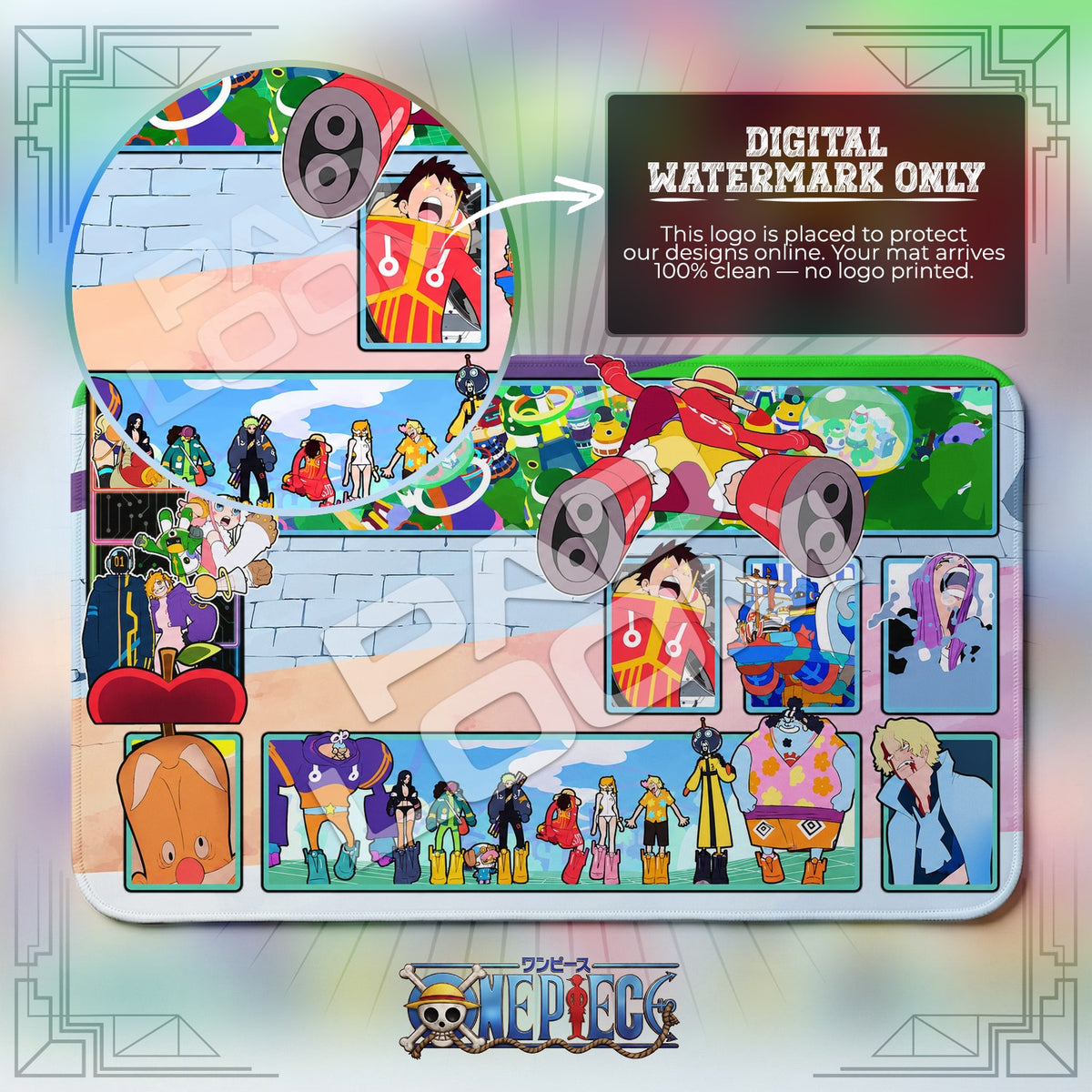 Straw Hat Crew Egghead One Piece playmat close-up; the Padloom watermark is digital only, not printed