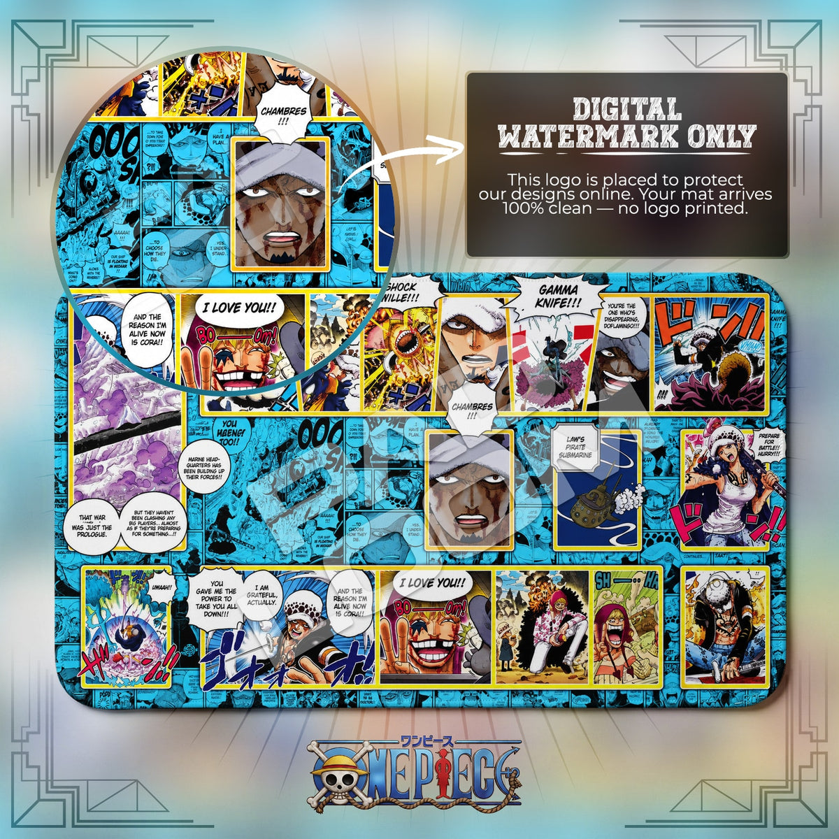 Trafalgar Law Shock Wille One Piece playmat close-up; the Padloom watermark is digital only, not printed