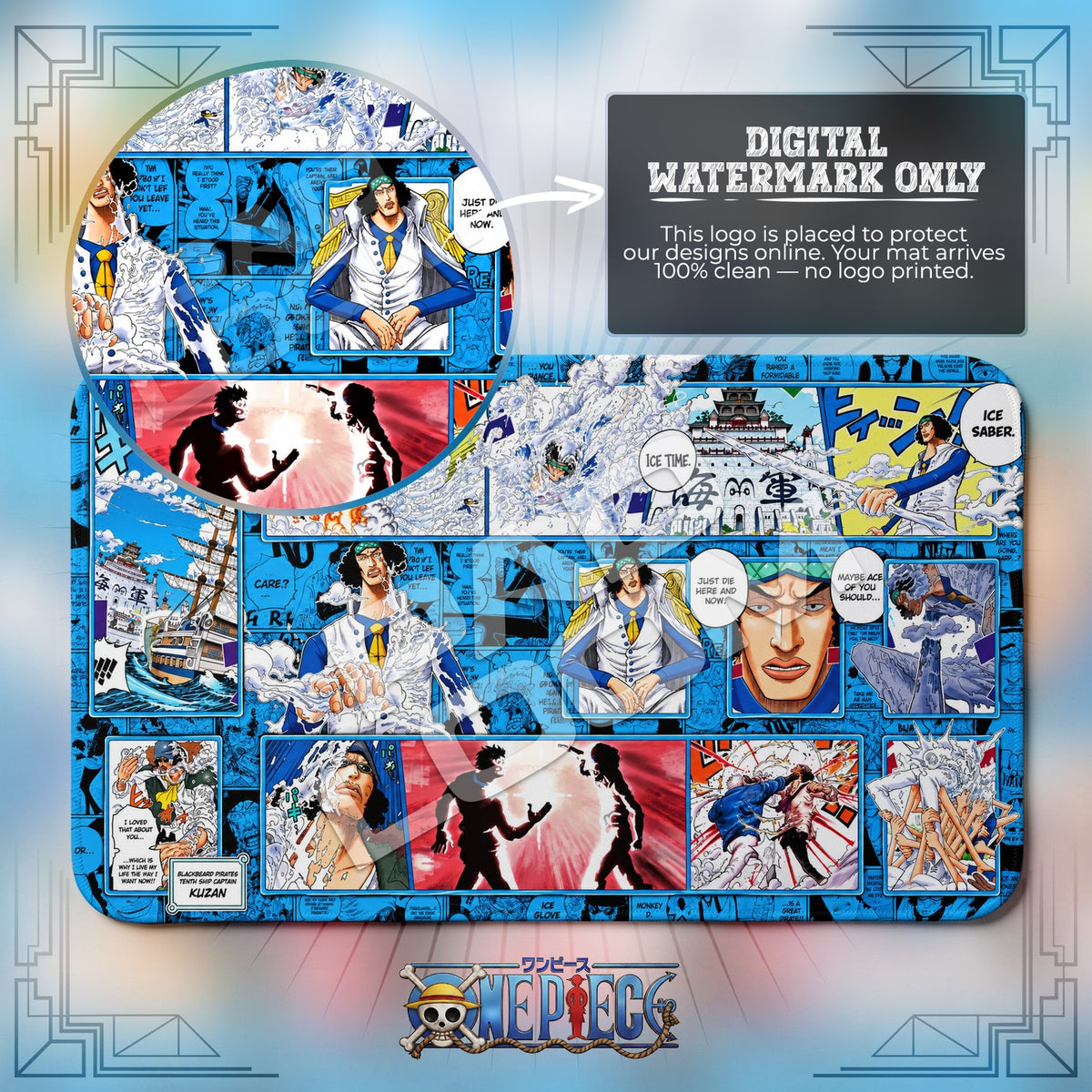 Kuzan Ice Saber One Piece playmat close-up; the Padloom watermark is digital only, not printed