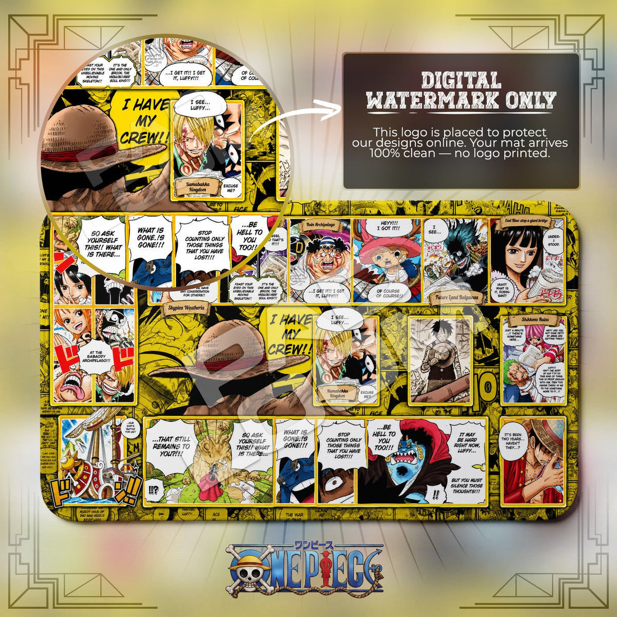 Straw Hat Crew Timeskip One Piece playmat close-up; the Padloom watermark is digital only, not printed
