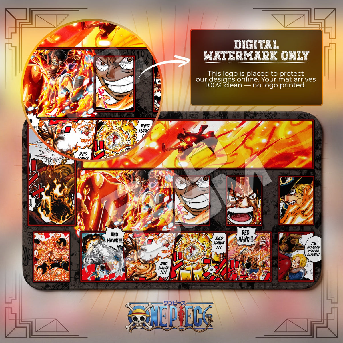 ASL Brothers Red Hawk One Piece playmat close-up; the Padloom watermark is digital only, not printed