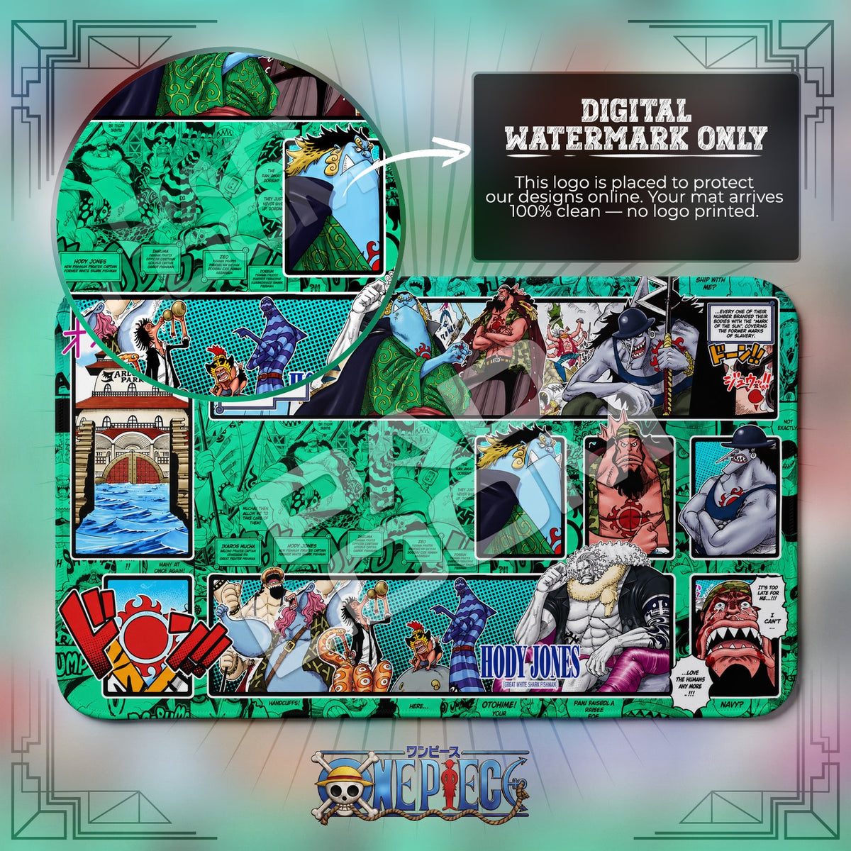 Sun Pirates Fishman Island One Piece playmat close-up; the Padloom watermark is digital only, not printed
