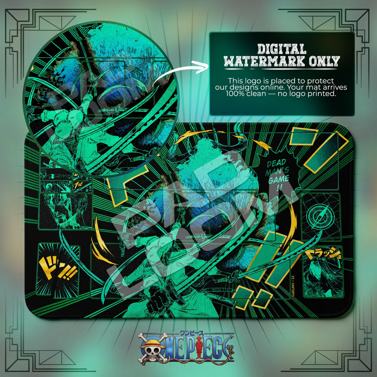 Zoro Dead Man's Game One Piece playmat close-up; the Padloom watermark is digital only, not printed