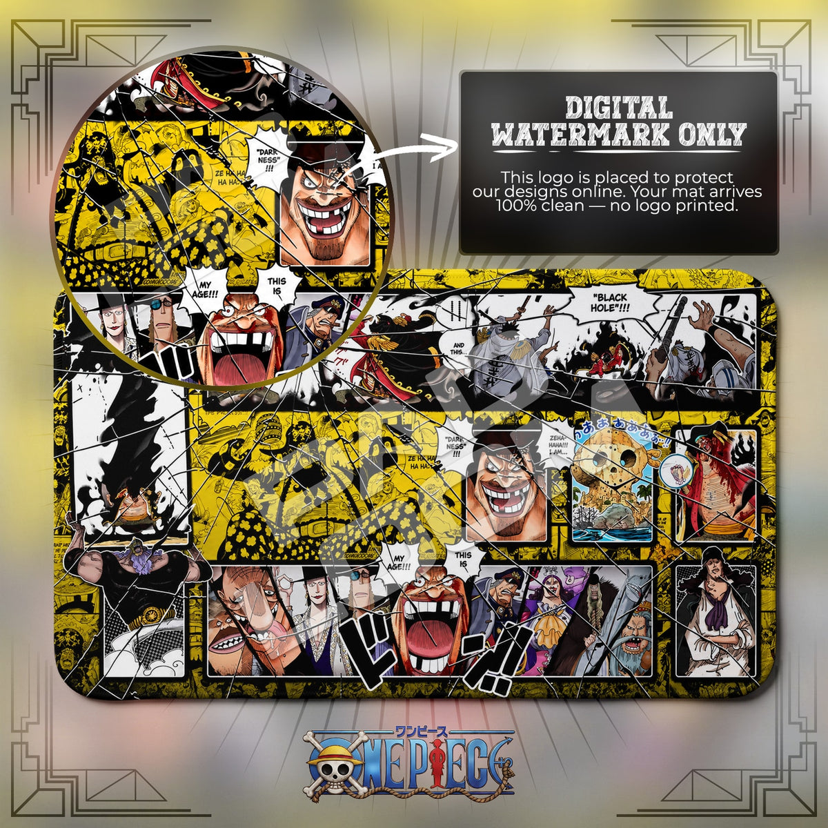 Blackbeard Black Hole One Piece playmat close-up; the Padloom watermark is digital only, not printed