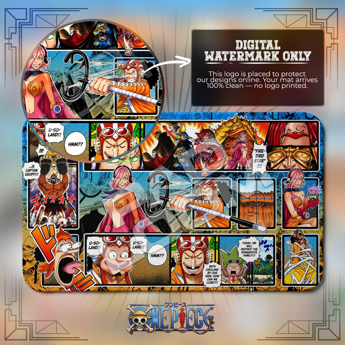 Usopp Dressrosa One Piece playmat close-up; the Padloom watermark is digital only, not printed