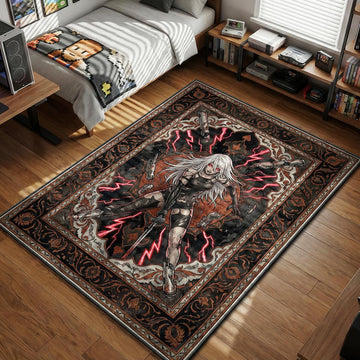 A2 from Nier Automata standing amidst red lightning and shattered debris in a gothic frame gaming area rug and floor mat